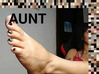 Inked Brunette Flaunts Her Black Toe Nails While Working At The Comput
