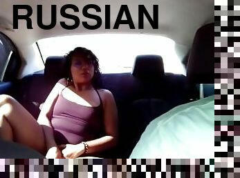 Venezuelan is hot, she touches her body, sucks her dildo and caresses her pussy in the back seat of