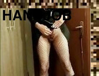 Sissy in fishnet & corset cum a lot twice with fleshlight