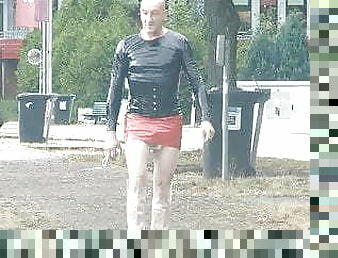 patent leather miniskirt crossdresser, plasticpant in public