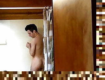 Slender twink jerking off his big dick solo in shower