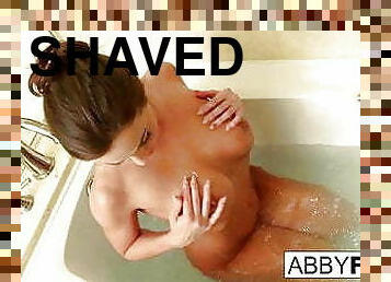 baden, groß-titten, muschi, babe, dusche, rasiert, brunette