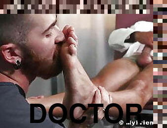 Hot doctor hunk jerking off during feet licking worship