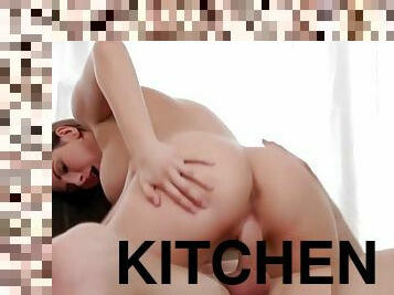 Beautiful girlfriend pussy rubbing in kitchen before fucking