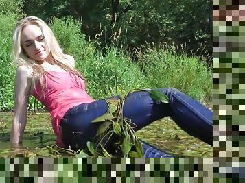 Wetlook Russian Blonde Girl Jeans in River