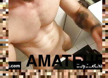 Muscular dude touching himself and handjob in the bathr