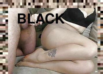 Teen With Big Tits in Black Pantyhose - Handjob, cum feet