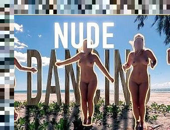 nudistické, vonku, na-verejnosti, žena, amatérske, pláž, tancovanie, exibicionistky