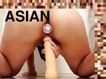 asiatisk, pussy, amatør, anal, tenåring, leke, dobbel, føtter, ludder, stram