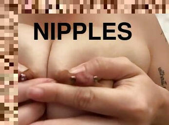 AyeAllie nipple play and sucking her nipples, close up