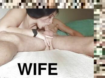Wife jerks off her husband and sucks his dick sweetly