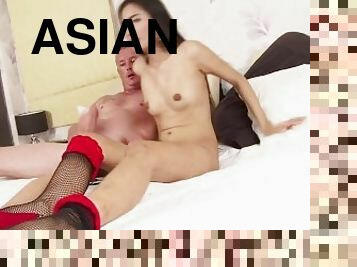 Boi is a sexy Asian in red lingerie and stockings who can't help being fucked