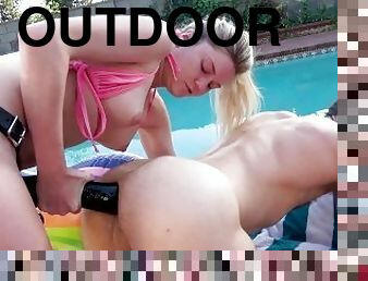 Outdoor Pool Chloe Foster Bounces Strapon On His Asshole And He Cums