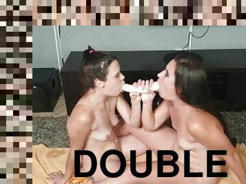 2 throat sluts gagging on a double ended dildo  deepthroat training