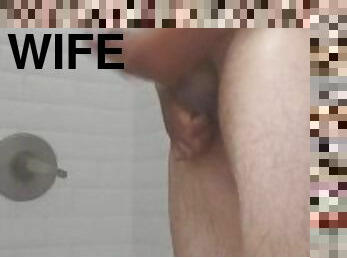 Jerking off in the shower while thinking of fucking my wife and the babysitter!