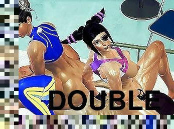 Juri Han and Chun Li double blowjob and cowgirl hentai