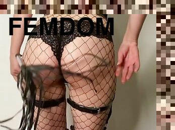 PAWG Mistress in leather, lingerie, and fishnets is teasing her sub after a long business day