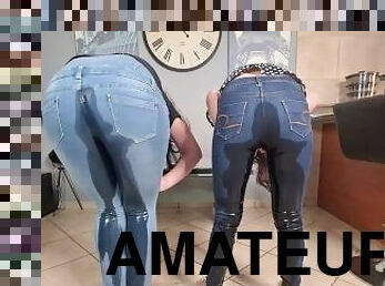 2 PISS whores desperate to pee  pee in blue jeans