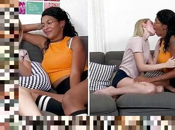 gafas, arnés, amateur, babes, negra-ebony, lesbiana, alemán, besando, rubia