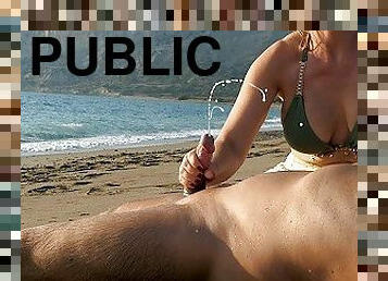 enorme, masturbación, público, amateur, chorro-de-corrida, mamá, paja, playa, pajeándose, bikini