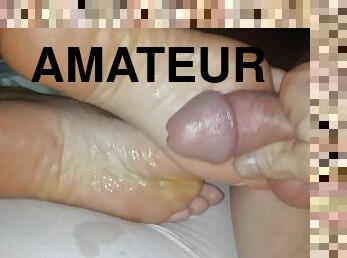 Guy with small dick cums on  big feet