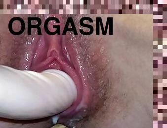 behåret, onani, orgasme, fisse-pussy, sprøjte, legetøj, sperm, snæver, smuk, hvid