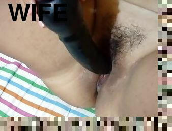 WIFE ALONE PLAYING WITH TOY (black dildo)
