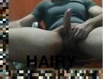 Latin hairy shows off his big cock as he takes off his shirt and caresses himself