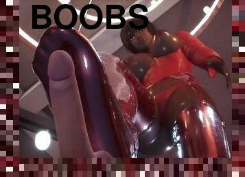 Woman in red latex with short hair gives a footjob to cock 3D