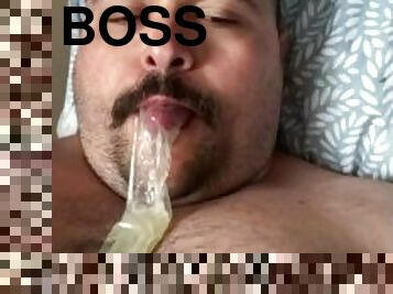 BigBullBoss playing with a condom full of cum found at the gym.