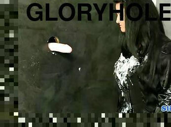 Gloryhole babe covered with cum completely