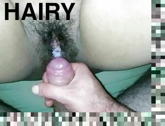 Cumshot on beauty hairy pussy