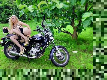 Black Motorcycle And White Girl Public Masturbation