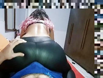 Girl with pink hair dry humping in leather leggings until he cum in his pants!