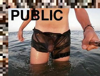 publik, strand, underkläder, exhibitionist, vått, kuk, blottande