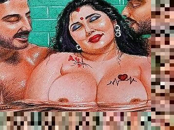 Erotic Art Or Drawing Of  Sexy Indian Married Woman Having A Steamy Affair With Her Two Boyfriends