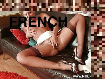 Classy french milf wanks in lingerie garters heels and nylon
