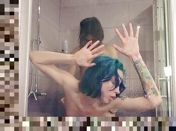 Inked shower babe sucks cock before sex in bathroom couple