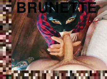 Brunette in a mask devours her boyfriends balls and rims her ass