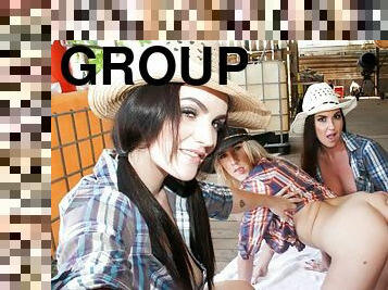 Slutty cowgirls riding prick on the farm