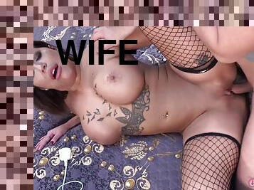 Inked housewife in fishnet stockings pleasuring Don in bed