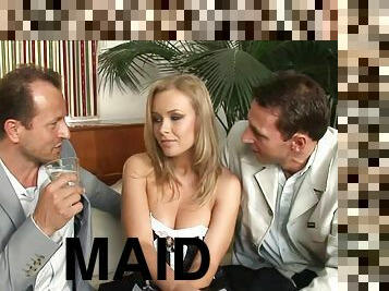 Father shares with son fuck blonde maid on the sofa