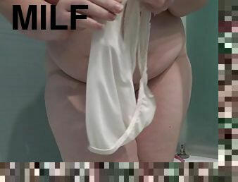 Chubby milf pisses and shows dirty white panties. Big pussy and closeup. Homemade fetish. ASMR. Amateur