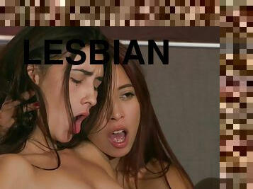 asiático, teta-grande, cona-pussy, magro, babes, lésbicas, adolescente, hardcore, dedos, caebça-vermelha