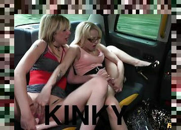 Kinky driver joins two bisexual chicks in a backseat orgy