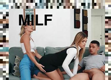 A MILF tricks her step-son and his girlfriend into a three-way fuck
