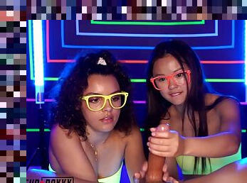 Lulu Chu and Ella Cruz vape while giving handjob