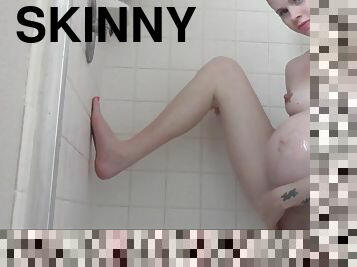 Skinny blonde hair lady preggo mom showering Solo