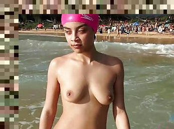 Amateur girlfriend with natural tits Maya Bijou topless outdoors