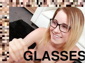 Nerdy girl next door in eyeglasses Kinsley Eden gives POV handjob and titjob